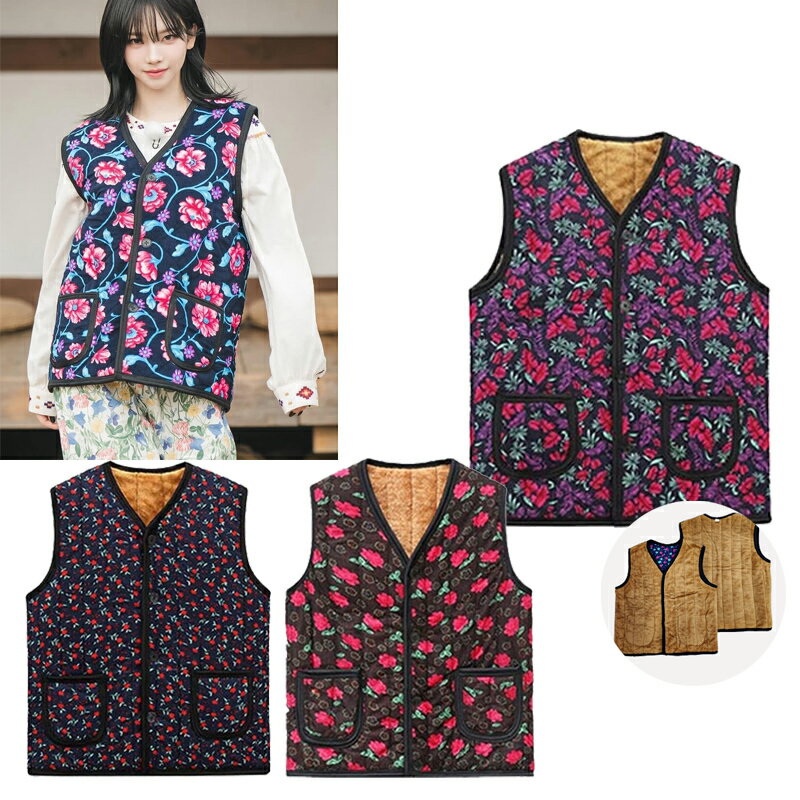 ★配送無料★ 韓国アイドルコーデ風 ハルモニチョッキ 花柄キルティング中綿ベスト レトロ 可愛い ふかふか 防寒 あったか 部屋着 タウンユース 若者世代 人気 レディース 冬用のサムネイル