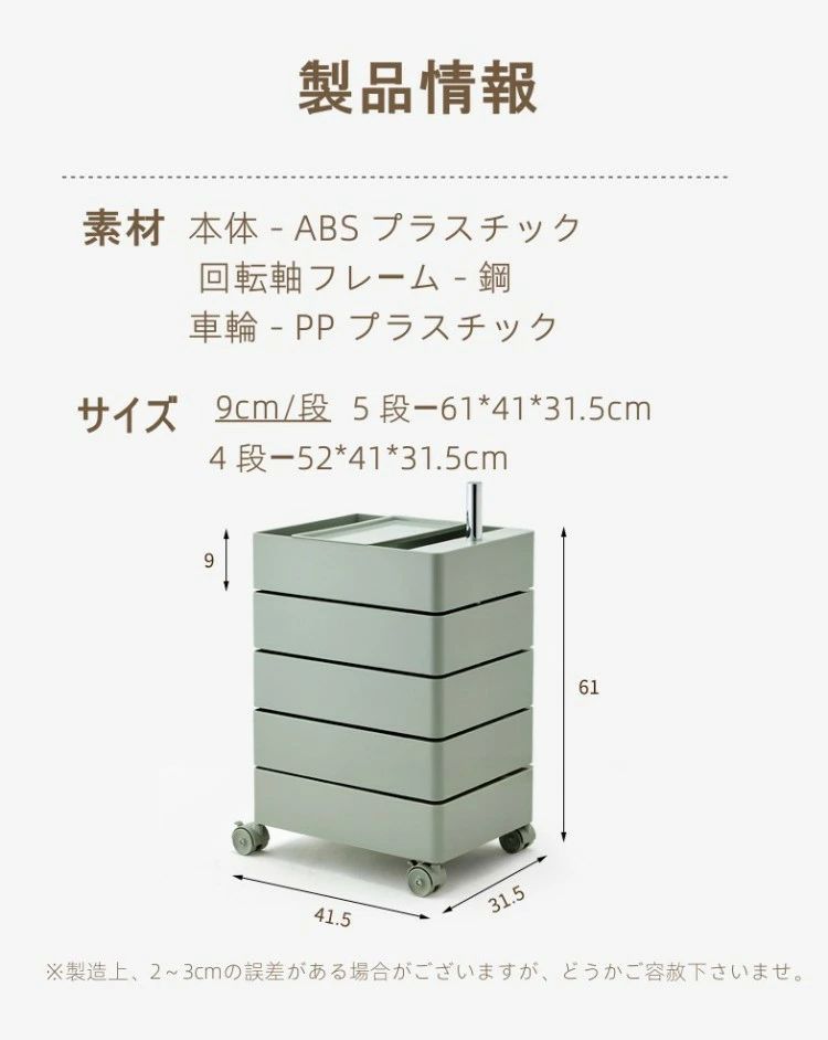 回転式 サイドワゴン 4段 5段 キッチンワゴン キャスター付き 隙間収納ラック イン...