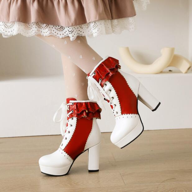 Boots - ロリータ風 韓国風 厚底ヒール ショートブーツ 太ヒール ショートブーツ 姫風 レディースブーツ 靴 レディース 編み上げブーツ 美脚 9.5cm 着脱やすい ロリータ 日系 ハイヒール 森ガール 5色