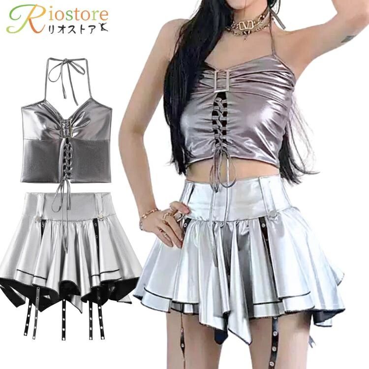 レディース シルバー 銀 ダンス衣装 ヒップホップ アイドル 衣装 演出服 セットアップ スカート ヘソ出し トップス 袖なし k-pop ジャズ ステージ衣装 ダンス ナイトクラブ バー演出服 練習服 おしゃれ