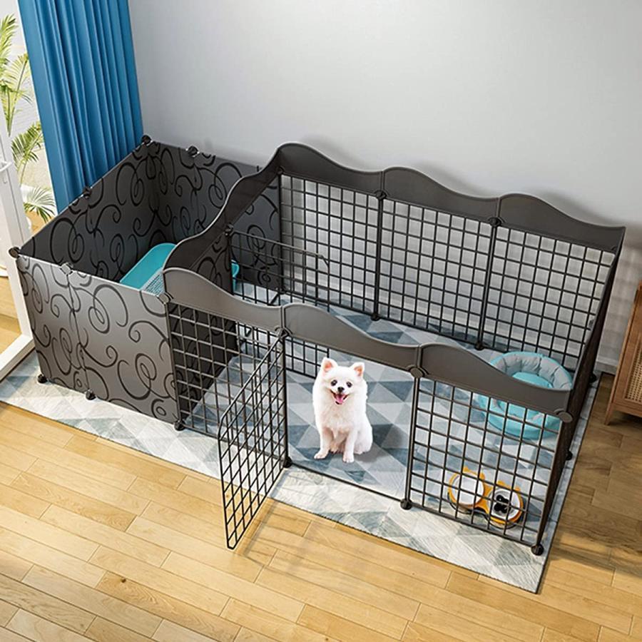 16 犬用ベビーサークルDIYペットベビーサークル、ドア付き小動物ケージ、屋内/屋外メタルペットフェンス折りたたみ式ペット犬猫子犬ベビーサークル、黒 (Color :