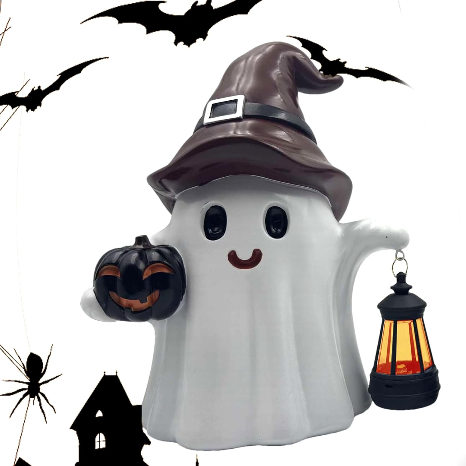 【かわいい幽霊デザイン】幽霊モチーフのランタン型ライトで、ハロウィンの雰囲気を一気に盛り上げるユニークな装飾。お子様やゲストにも喜ばれるデザインです。 【ソーラー充電＆自動点灯】太陽光で自動充電し、暗くなると自動で点灯する省エネ仕様。電池不要で環境に優しく、手間もかかりません。 【屋内外問わず使用可能】玄関先・ベランダ・お庭・リビング・カフェ・店舗など、屋内外さまざまなシーンに設置可能。置くだけで季節感のあるデコレーションに。 【ほんのり灯る優しい光】柔らかい灯りが、夜をほんのり照らして幻想的な雰囲気に。常夜灯としても、雰囲気作りの間接照明としてもおすすめ。 【ハロウィンギフトにも】可愛いだけでなく実用性も◎。お子様へのプレゼントや、友人・家族・同僚へのちょっとした贈り物にもぴったりなハロウィンインテリア雑貨です。