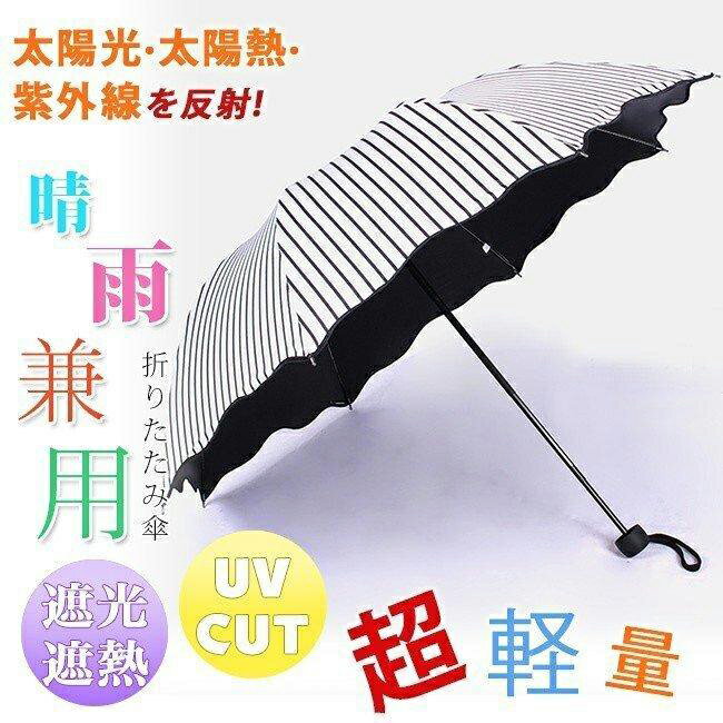 日傘晴雨兼用uvカット折りたたみ傘ストライプウェーブピコレース100%完全遮光レディース手開き折り畳み雨傘 new