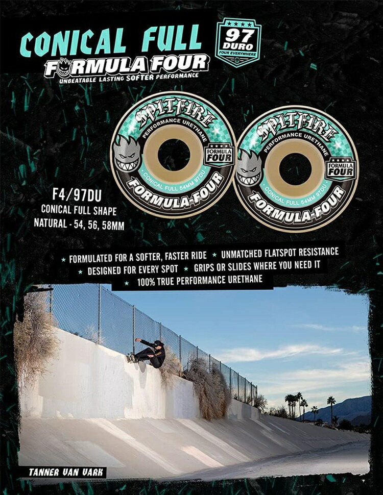 SPIT FIRE スピットファイア　WHEEL【 FORMULA FOUR F4 97DU CONICAL FULL - NATURAL 】【 54mm 】　4個セット　スケートボード ウィール タイヤ　日本正規品 3