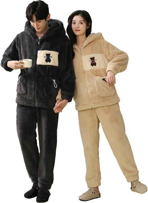 冬 パジャマ ペア カップル もこもこ 長袖 フード付き ファスナー ペアルック ルームウェア 男女セット 暖かい 部屋着 お洒落 夫婦 恋人 肌に優しい 防寒 厚手 結婚祝い