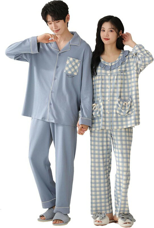 楽天アベブッパンペアパジャマ カップル 秋冬 可愛い チェック柄 長袖 95％綿 前開き ルームウェア ペアルック 男女セット おしゃれ 部屋着 夫婦 恋人 肌に優しい 結婚祝い ブルー
