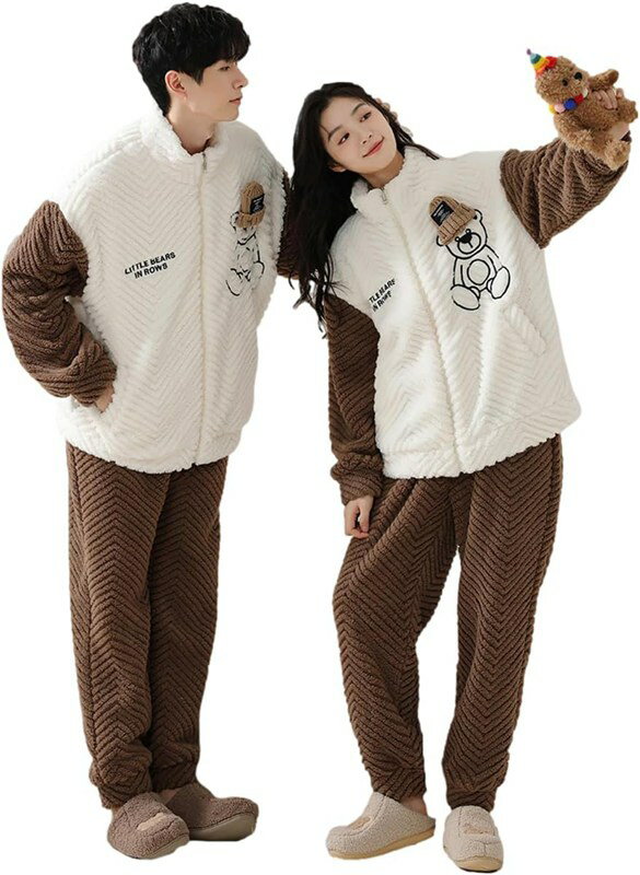 ペアパジャマ 冬 クマ柄 暖かい ファスナー もこもこ 長袖 可愛い カップル 男女セット ペアルック 部屋着 ルームウェア 厚手 フランネル 夫婦 恋人 結婚祝い