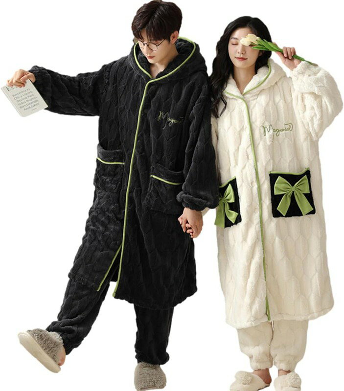 ペアパジャマ カップル 可愛い 冬 モコモコ 着る毛布 フード付き 前開き 長袖 ルームウェア 男女セット ペアルック 部屋着 厚手 柔らかい 温かい 防寒 恋人 夫婦 結婚祝い
