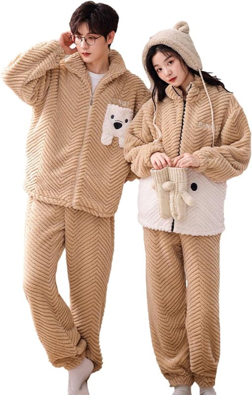 楽天アベブッパンパジャマ ペアルック 男女セット 冬 クマ柄 モコモコ 可愛い ルームウェア 暖かい カップル 部屋着 長袖 フランネル ファスナー 恋人 夫婦 保温 厚手 防寒 結婚祝い