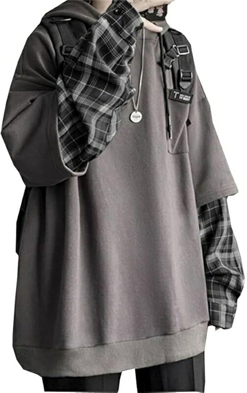 パーカー メンズ トレーナー スウェット カジュアル オシャレ 重ね着風 チェック柄 大きいサイズ トップス ゆったり フード 付き 春秋冬