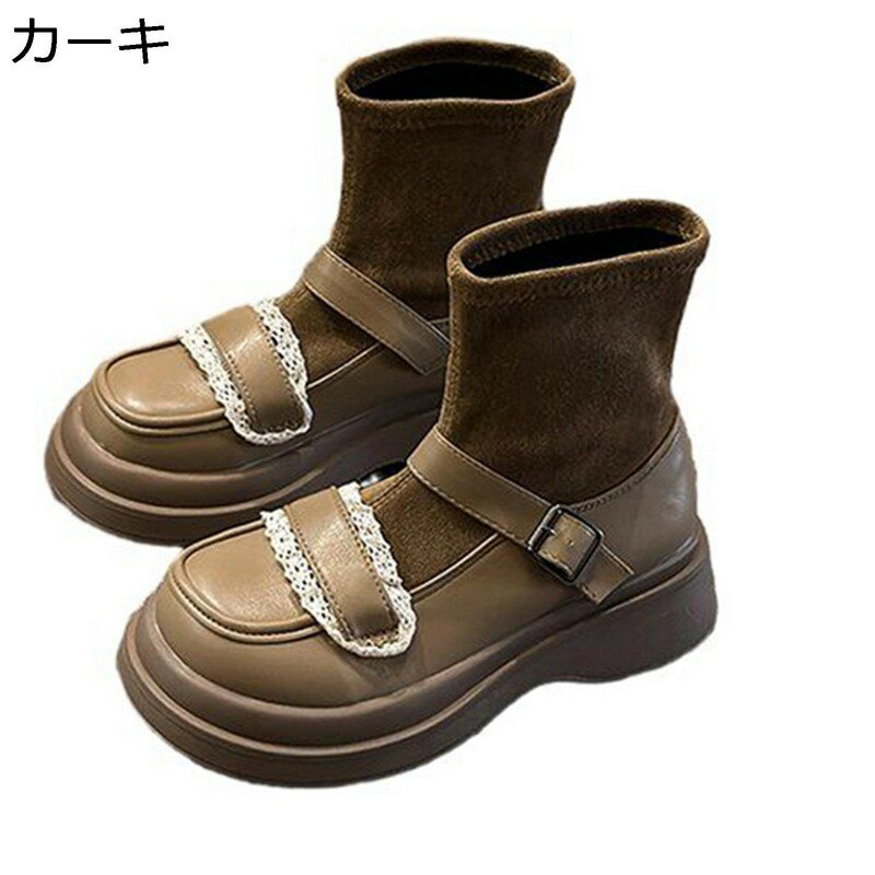 ショートブーツ レディース ブーティ ソックスブーツ かわいい プラットフォーム5cm 身長アップ ラウン..