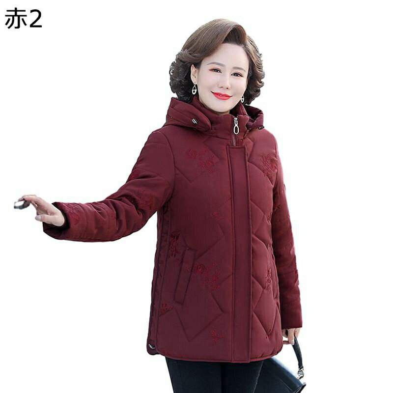 コットンジャケット レディース 刺繍デザイン 中綿ジャケット フード付き 上着 冬用ジャケット 長袖 あったか 綿服 柔らかい 秋冬服 耐久性 婦人服 シニアアウター 高齢者 老人 50-70代
