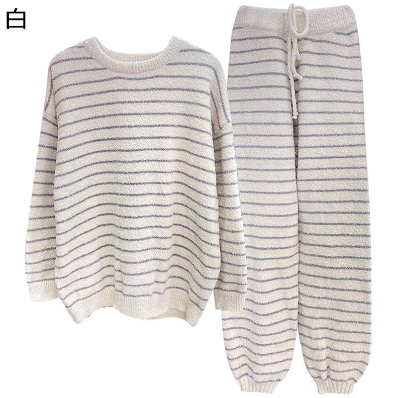 寝巻き もこもこパジャマ レディース ルームウェア フランネル ストライプ ボーダー あったかい 起毛 裾リブデザイン 防風保温 ふわもこ ぱじゃま 便利服 無地 肌触り 夫婦着 秋冬 デイリー