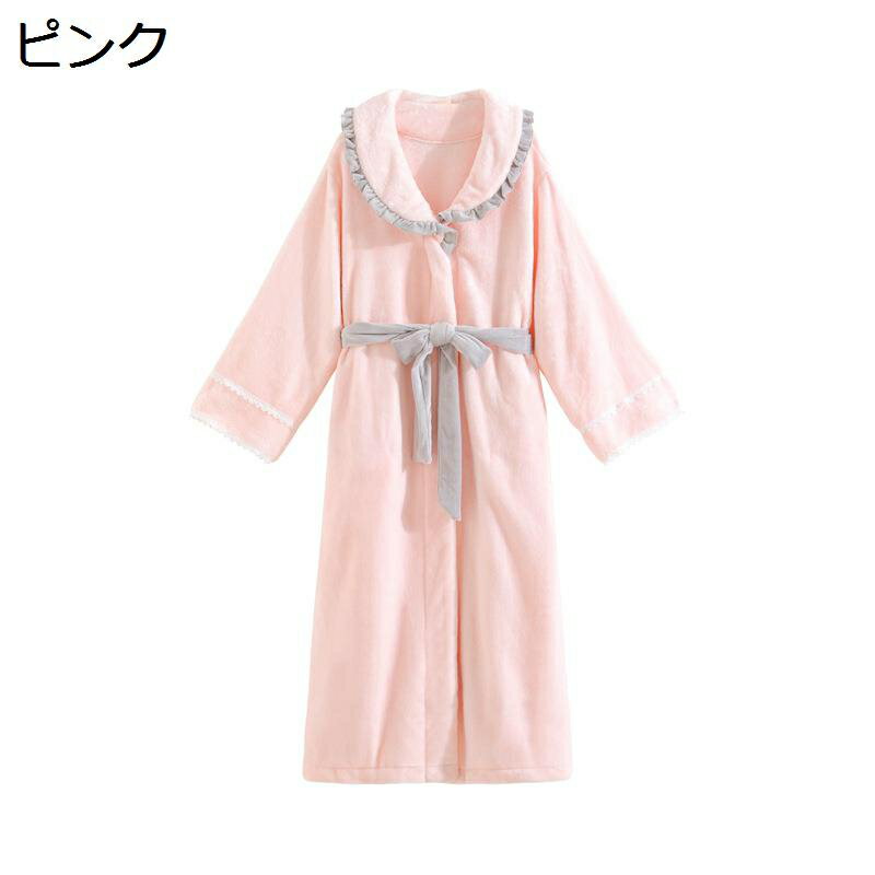 パジャマ バスローブ ルームウェア ガウン レディース フリル飾り 姫系 寝巻き フランネル 暖かい 裏起毛 厚手 ふわふわ ぱじゃま 便利服 シンプル 柔らかい ペアルック 秋冬着 ギフト