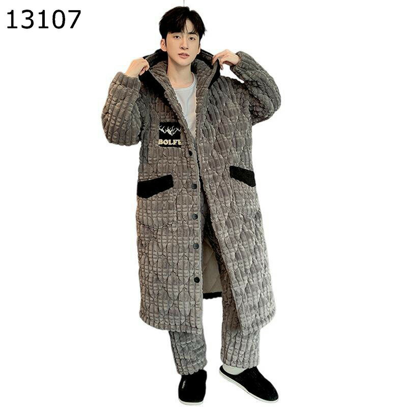 パジャマ ルームウェア メンズ 秋冬 フード付き ガウン 長ズボン 上下セット フランネル 厚手 保温 暖..