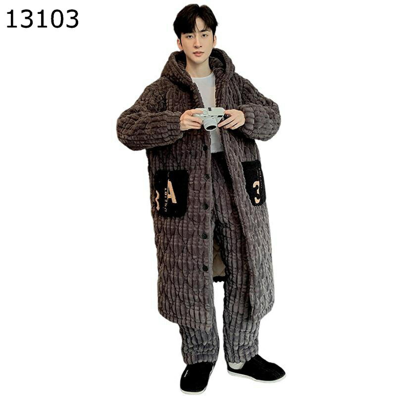 フランネル パジャマ メンズ 長袖 冬 ルームウェア 中綿キルト 家着 2点セット ガウン 上下セット 長ズボン 厚手 フード付き アウター 保温 あったか ふわふわ 肌触り 快適 ゆったり