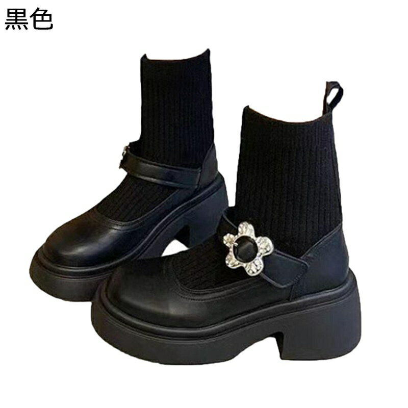ソックスブーツ ニット ラインストーン 花飾り 粗いかかと ショートブーツ ブーティ ハイヒールcm レデ..