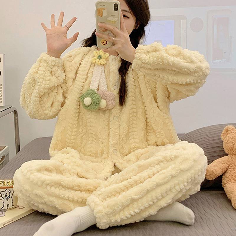 ルームウェアセット 秋冬 パジャマ マタニティ 哺乳服 レディース 長袖 長ズボン 上下セット フランネル もこもこ 肌に優しい 家着 寝間着 厚手 保温 あったか お風呂上り リラックス