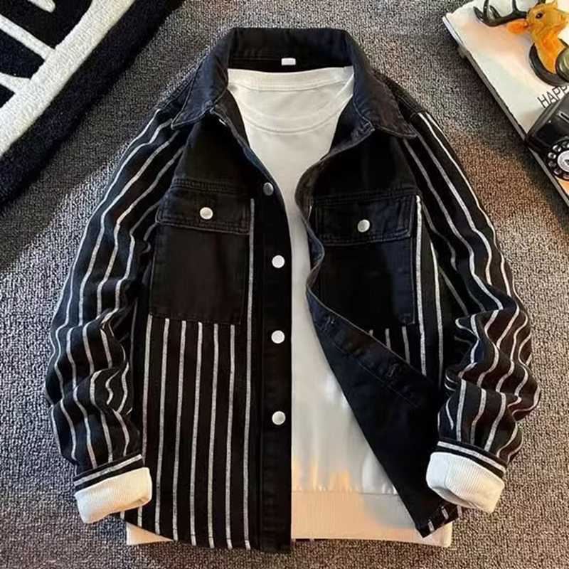 シャツジャケット デニムジャケット メンズ ストライプシャツ 大きいサイズ 韓国 おしゃれ 春秋 パッチワーク レトロ ゆったり カジュアル スポーツ アウトドア ストリート