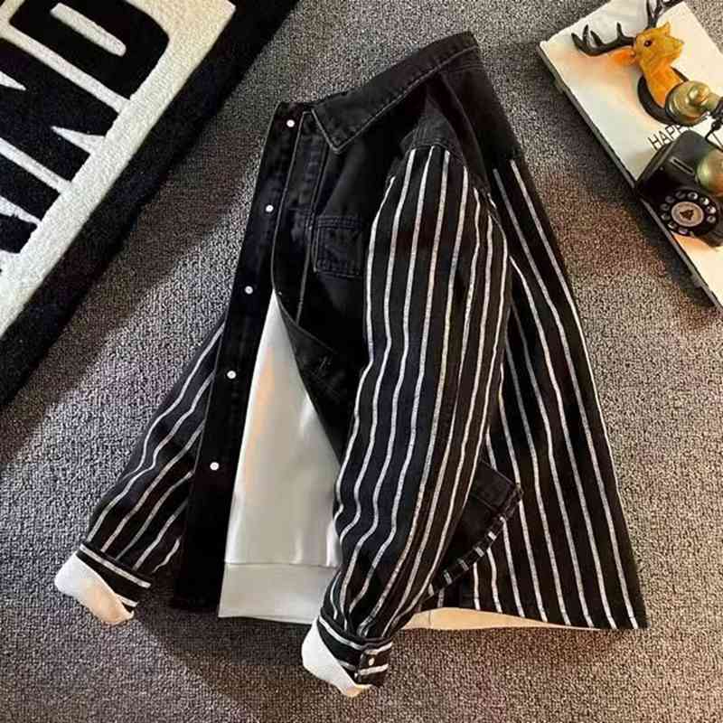 シャツジャケット デニムジャケット メンズ ストライプシャツ 大きいサイズ 韓国 おしゃれ 春秋 パッチワーク レトロ ゆったり カジュアル スポーツ アウトドア ストリート