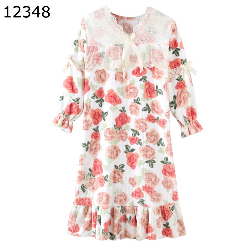 ルームワンピース 冬用 パジャマ レディース 長袖 V首 ネグリジェ フランネル 柔らかい 優しい 花柄 かわいい 部屋着 寝巻き バスローブ 厚手 寒さ対策 暖か お風呂上り 大きいサイズ