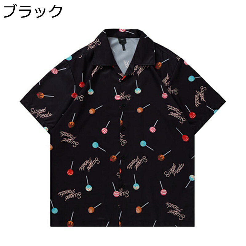 楽天アベブッパン半袖シャツ ビーチシャツ メンズ カジュアルシャツ カップル 開襟 原宿風 ロリポッププリント 英字柄 おしゃれ 夏服 薄手 ゆったり 通気性 日焼け止め 速乾 汗染み防止 ストリート リゾート 花火大会 お祭り