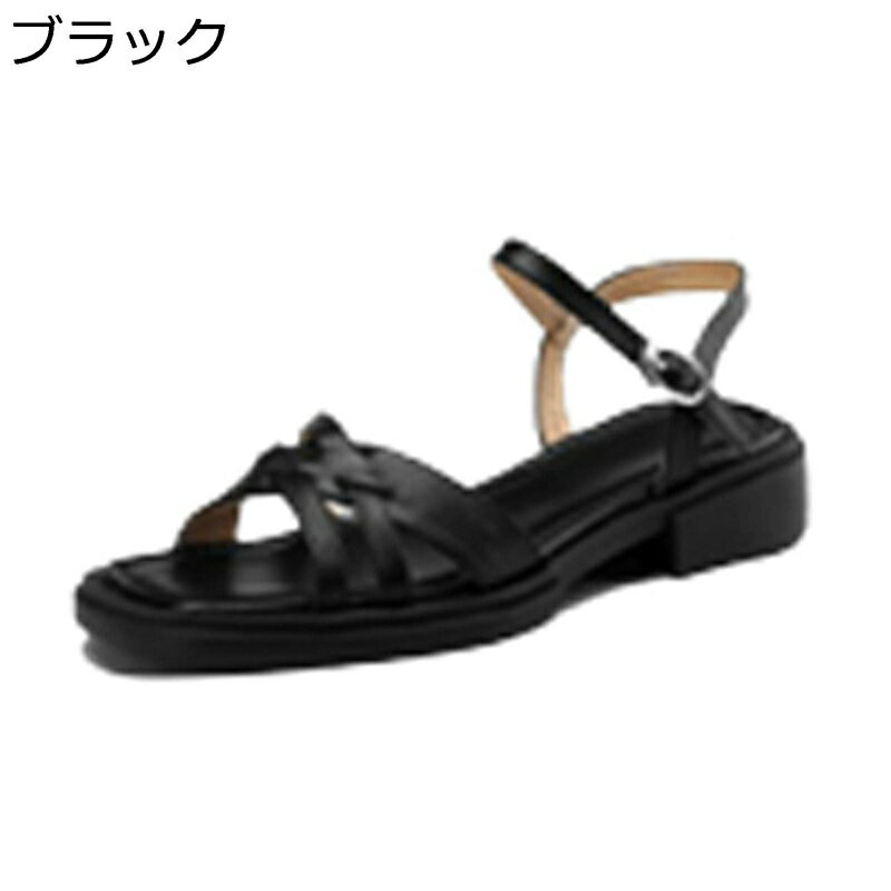 大きいサイズ レザーサンダル クロスストラップ レトロ 厚底 サンダル レディース ローマ 本革 夏 革靴 ローヒール 太ヒール スクエア..