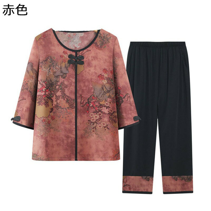 シニアファッション Tシャツ 7分袖 ブラウス 上下セット 中高年 チャイナボタン レディース 夏服 ロングパンツ ゆったり 通気性 涼しい カジュアル リラックス 敬老の日 婦人服 高齢者のサムネイル
