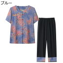 セットアップ tシャツ 半袖 ブラウス チュニック イージーパンツ 9分丈 高齢者 シニアファッション お婆ちゃん服 体型カバー 夏着 コットン 通気性 涼しい ホーム 通勤 お出かけ 60−80代(4)