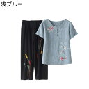 シニアファッション tシャツ 半袖 チュニック 上下セット 刺繍 中高年 レディース 春夏服 ロングパンツ 7分丈 綿麻 ゆったり 冷感 肌に優しい カジュアル リラックス 敬老の日 祖母 お年寄り