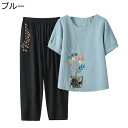 上下 セット tシャツ 半袖 プルオーバー 9分丈パンツ ズボン 刺繍 花柄 高齢者 おばあちゃん シニア ママ 婦人用 大きいサイズ サマー 綿麻 通気性 涼しい ホーム お出かけ リゾート 60代 70代