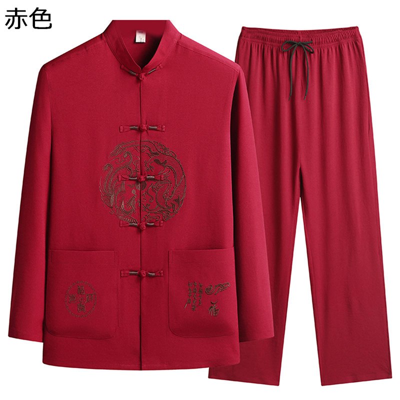 唐装 チャイナ服 男性 長袖 中華風 薄手 漢服 伝統服 チャイナボタン 上着 武術シャツ 大きいサイズ 上下セット 夏服 オールシーズン 通気性 速乾性 カジュアル 普段着 スポーツ お出掛け