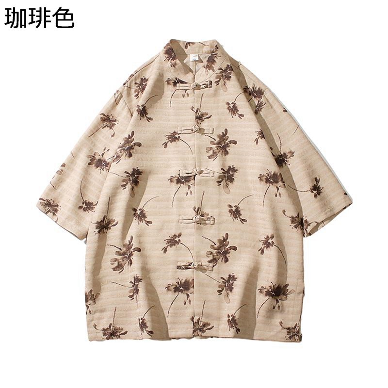 漢服 唐装 メンズ 半袖 薄手 チャイナ風 夏服 大きいサイズ ファッション カジュアル ゆったり おしゃれ 上着 青年 チャイナボタン ポケット付き 日常着用 お出掛け 通勤 通学