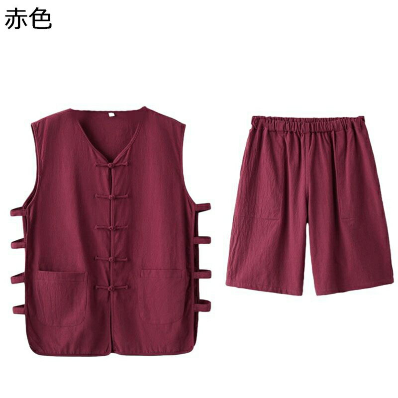 チャイナジャケット メンズ ベスト 夏服 ノースリーブ 大きいサイズ カジュアル チャイナ風 チャイナボタン 上下セット ゆったり おしゃれ 薄手 通気性 吸汗速乾 涼しい 部屋着 お出掛け 大人