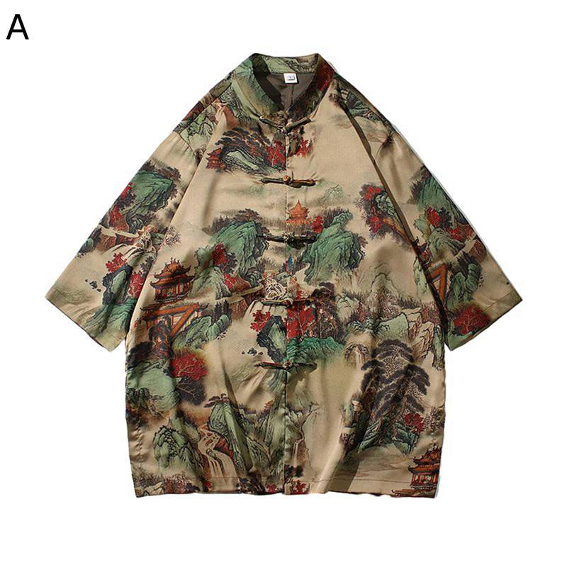 唐装 メンズ 長袖 チャイナ服 半袖 シャツ 中華風 大きいサイズ ファッション カッコイイ ゆったり おしゃれ 民族風 ヴィンテージ プリント チャイナボタン 耐久性 デイリー トラベル 普段着