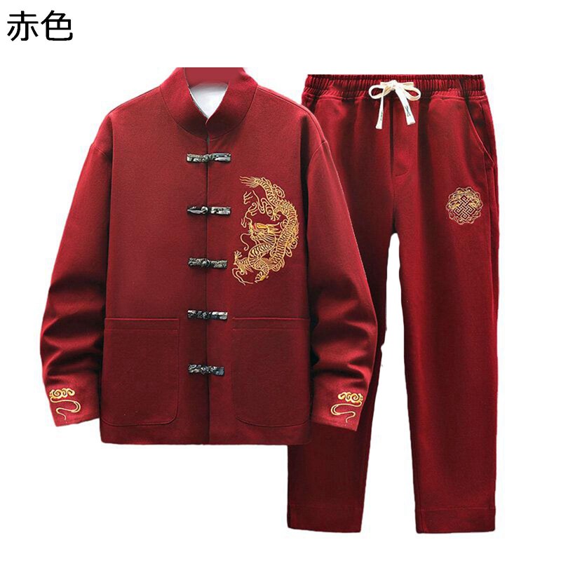 チャイナ服 唐装 メンズ 長袖 龍柄 刺繍 上下セット 中華風 漢服 伝統服 チャイナボタン ファッション カッコイイ オールシーズン ゆったり おしゃれ 春秋 普段着 お出掛け 旅行