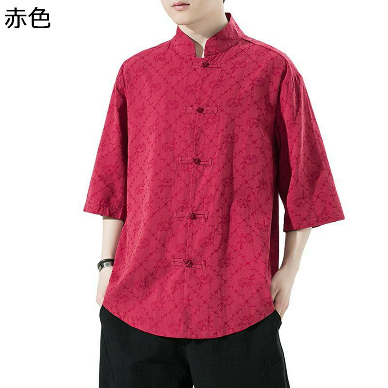 唐装 茶師服 上着 メンズ 半袖 カジュアルシャツ 花柄 プリント スタンドカラー ハンサム 大きいサイズ カジュアル ゆったり おしゃれ チャイナ風 チャイナボタン シャツ 青年 普段着 お出掛け 旅行