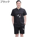 上下セット チャイナシャツ tシャツ 唐装 半袖 チャイナ風 鶴柄 プリント 通気性 吸汗速乾 大きいサイズ カジュアル カンフー衣装 ファッション 夏服 部屋...