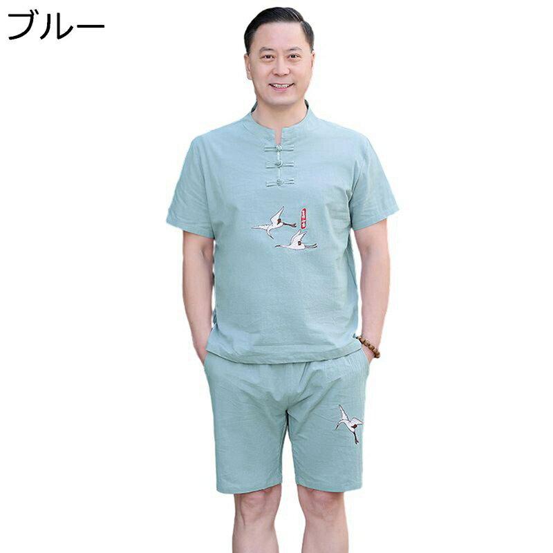 上下セット チャイナシャツ tシャツ 唐装 半袖 チャイナ風 鶴柄 プリント 通気性 吸汗速乾 大きいサイズ カジュアル カンフー衣装 ファッション 夏服 部屋着 日常着用 朝稽古