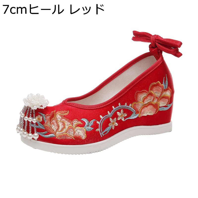 スリッポン 花刺繍 フリンジ チャイナシューズ 漢服靴 パンプス レディース ハイヒール 布靴 通気性 コンフォート 歩きやすい レトロ エスニック 中国風 ダンス用 撮影 旅行 普段履き