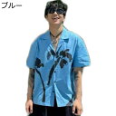 アロハシャツ ビーチシャツ メンズ 半袖 夏服 やしの木柄 プリント 薄手 軽い 耐久性 通気吸湿 ゆったり おしゃれ シャツ 上着 スタイリッシュ かっこいい 花火大会 海水浴 夏祭り