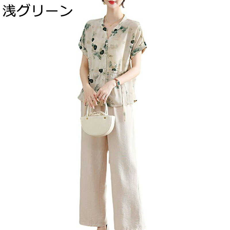 シニアファッション 長袖ブラウス 前開き レディース 上下セット シャーリング 薄手 老人服 チュニック 長ズボン サマー 体型カバー 薄手 通気性 婦人服 中高年 60-80代 春夏 部屋着