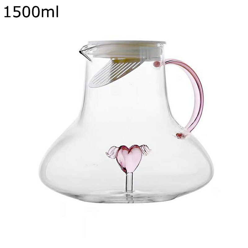 ティーポット 冷蔵庫ポット ガラスピッチャー 耐熱 IN対応 ハートデザイン フィルター付き 透明 水出し..