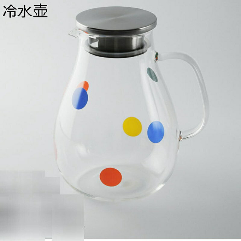 麦茶ポット ガラスポット 耐熱耐冷 ウォータータンク ドット柄 水玉柄 大容量 1.8L 2wayフィルター 冷蔵庫 ドリンクピッチャー オシャレ 麦茶 フルーツティー 透明 シンプル キッチン収納 飲料収納