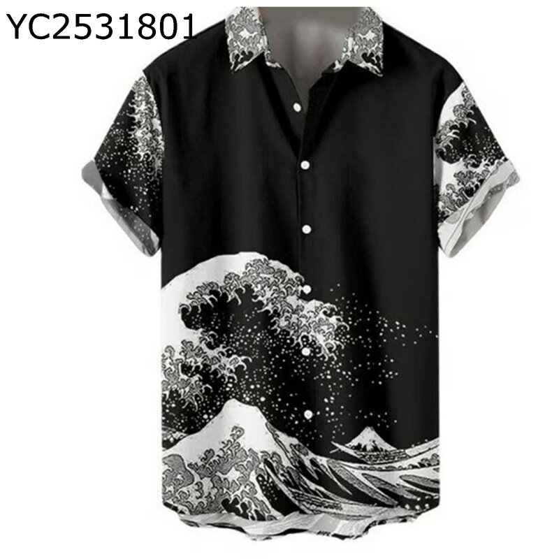 アロハシャツ 沖浪柄 半袖シャツ 神奈川 メンズ カジュアル 開襟 通気 速乾 S-5XL 体型カバー ルーズ サーフ系 ハワイ 南国風 涼感 サラサラ キレイめ 紫外線対策 汗染み防止 音楽フェス 海遊び