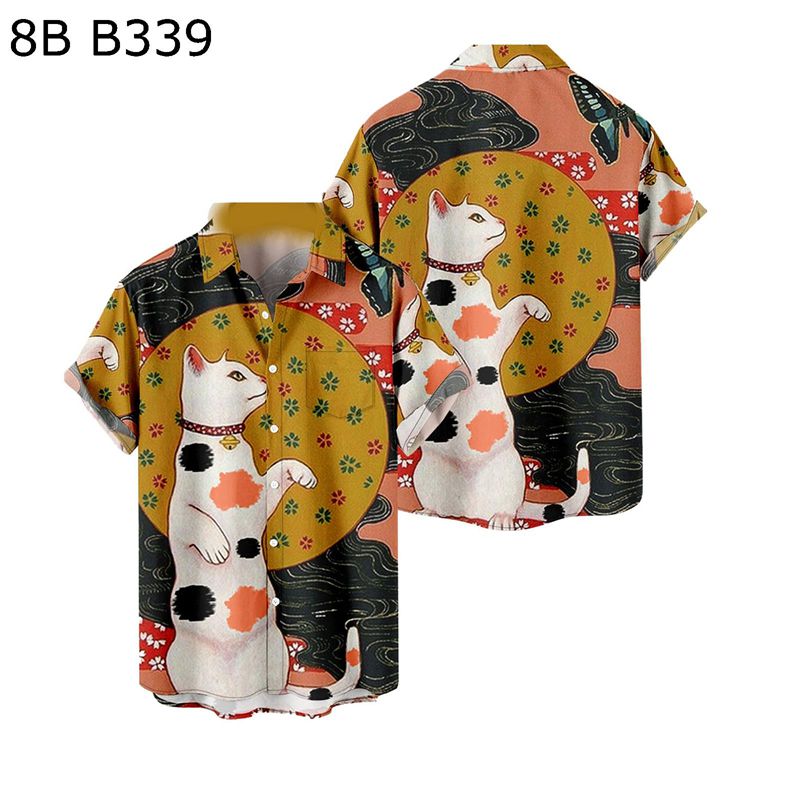 猫柄 アロハシャツ 半袖シャツ メンズ オラオラ系 和風 ボタンダウン 開襟 速乾 透湿 体型カバー オー..