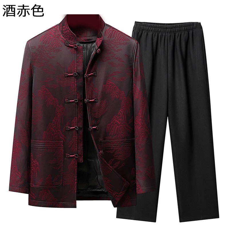 唐装 漢服 ダウンコート メンズ チャイナ服 大きいサイズ 長袖 チャイナボタン 山柄 刺繍 チャイナ風 上下セット 厚手 防寒性 柔らかい 秋冬 お年寄り デイリー お出掛け 普段着