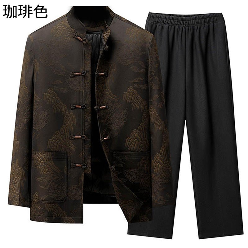 唐装 漢服 ダウンコート メンズ チャイナ服 大きいサイズ 長袖 チャイナボタン 山柄 刺繍 チャイナ風 上下セット 厚手 防寒性 柔らかい 秋冬 お年寄り デイリー お出掛け 普段着