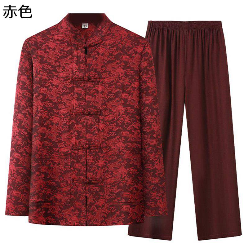 唐装 メンズ 長袖 チャイナシャツ 龍柄 プリント 中華風 上下セット 漢服 伝統服 チャイナボタン カンフーシャツ 大きいサイズ 通気性 汗染み防止 吸水速乾 カジュアル お年寄り 部屋着 お出掛け