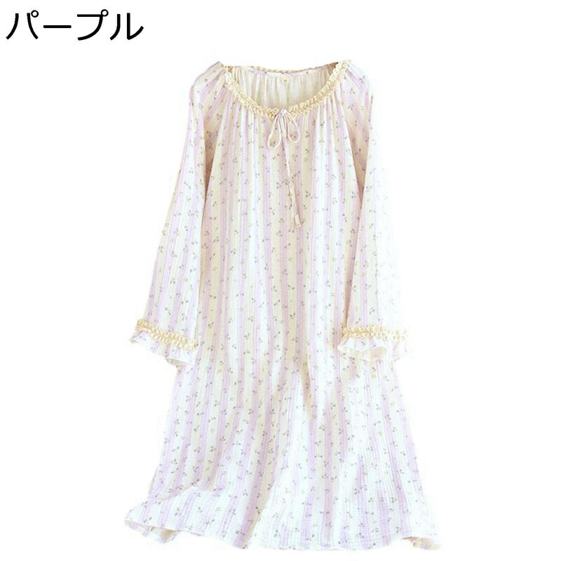 春夏秋 ネグリジェ 小花柄 ストライプ 部屋着 寝間着 ルームウェア ワンピース ガーゼ パジャマ ロング パイピング 長袖 吸汗 通気性 5分袖 可愛い おしゃれ 少女 ソフト 快適 ゆる 通気 耐摩耗 お風呂上がり